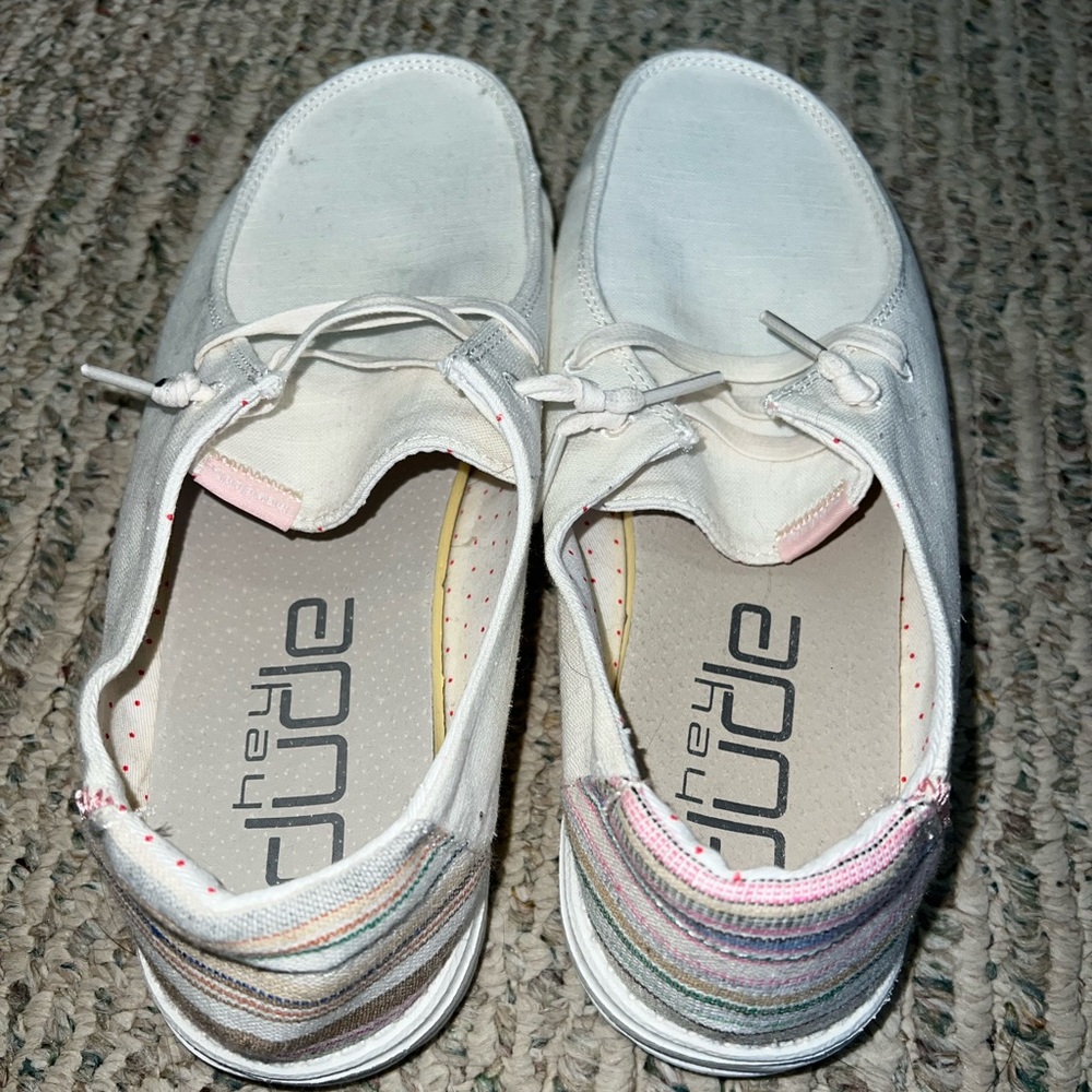 White Hey Dudes with colored stripes on heel